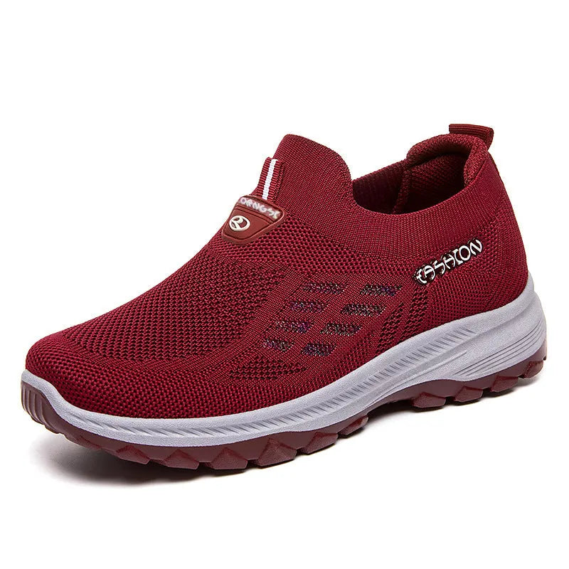 Women's casual slip-on Flyknit shoes flat heel round toe PVC sole available in black red gray purple