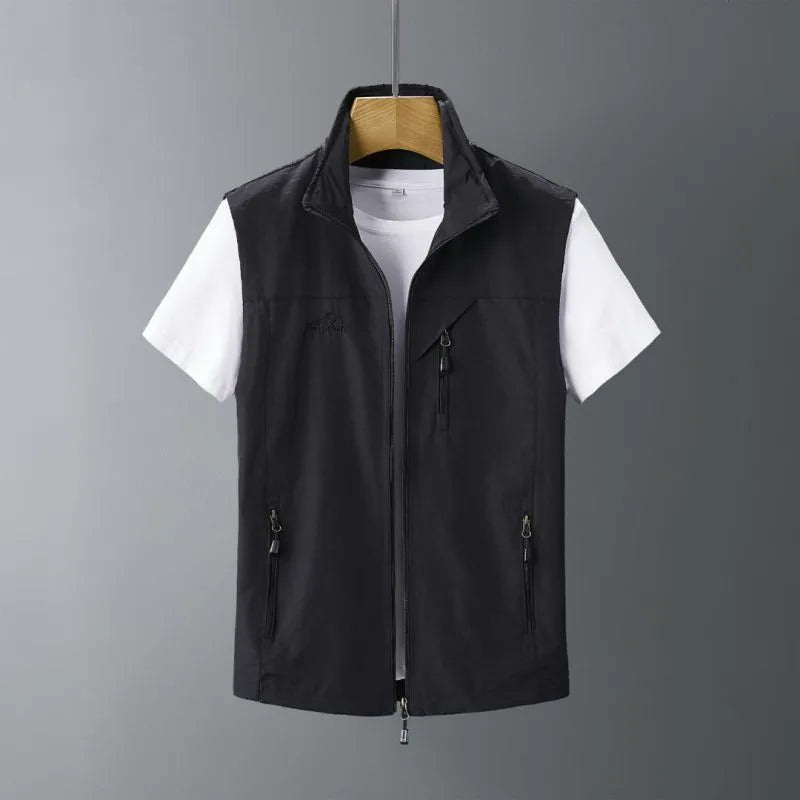 Men's slim-fit rabbit fur vest waistcoat with a hood in army green, shown on a model.