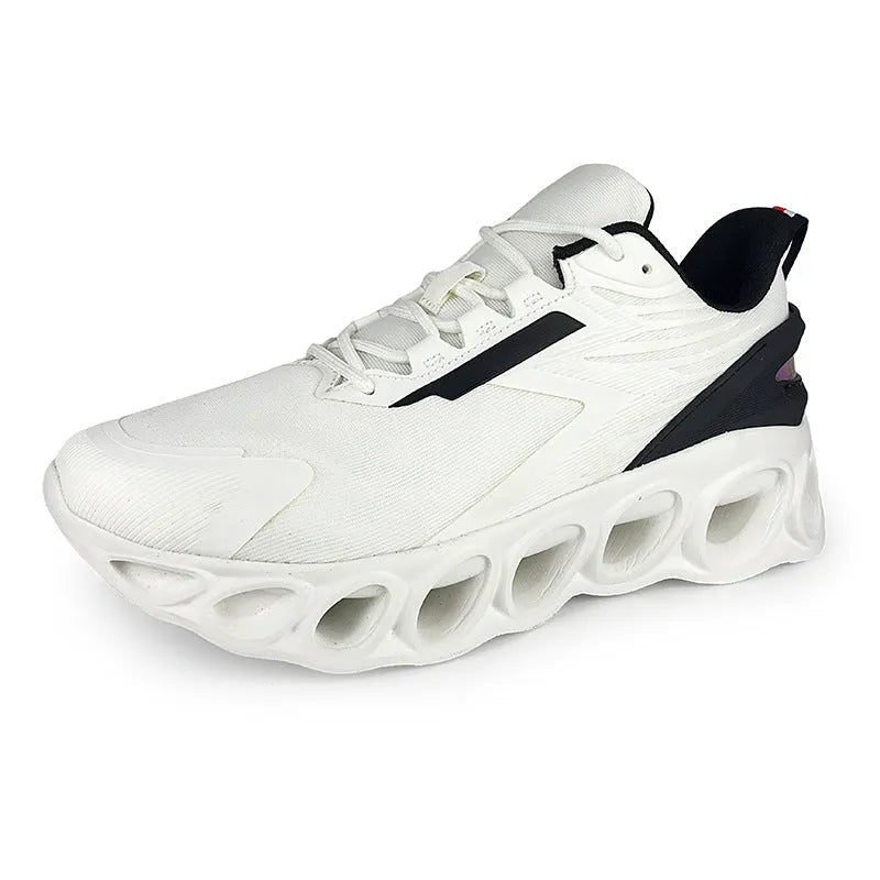 Men's casual mesh sports shoes in black, white, and dark blue colours with front lace-up closure