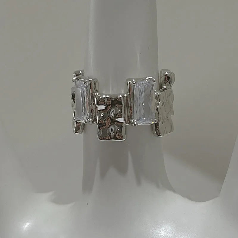 Geometric open design zircon ring with silver plating and 3D decoration