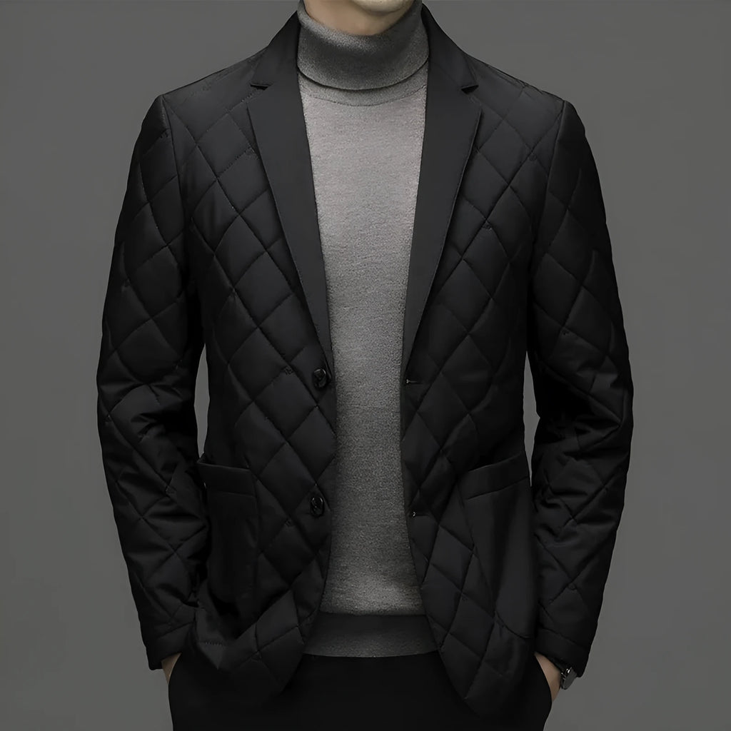 Men's black lapel down jacket with side pockets on a grey background