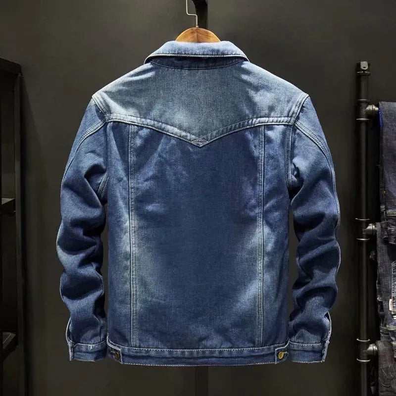 Men's loose fit fleece lined denim jacket in Dark Blue, cotton workwear top for autumn