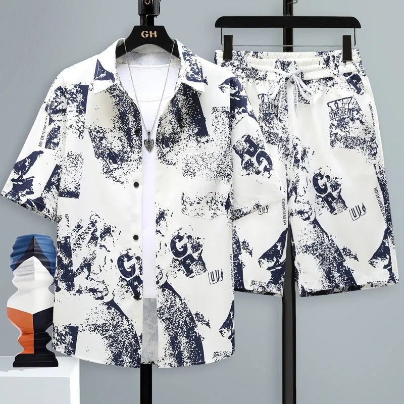 Men's casual polyester short sleeve top and matching shorts two-piece set in assorted colours
