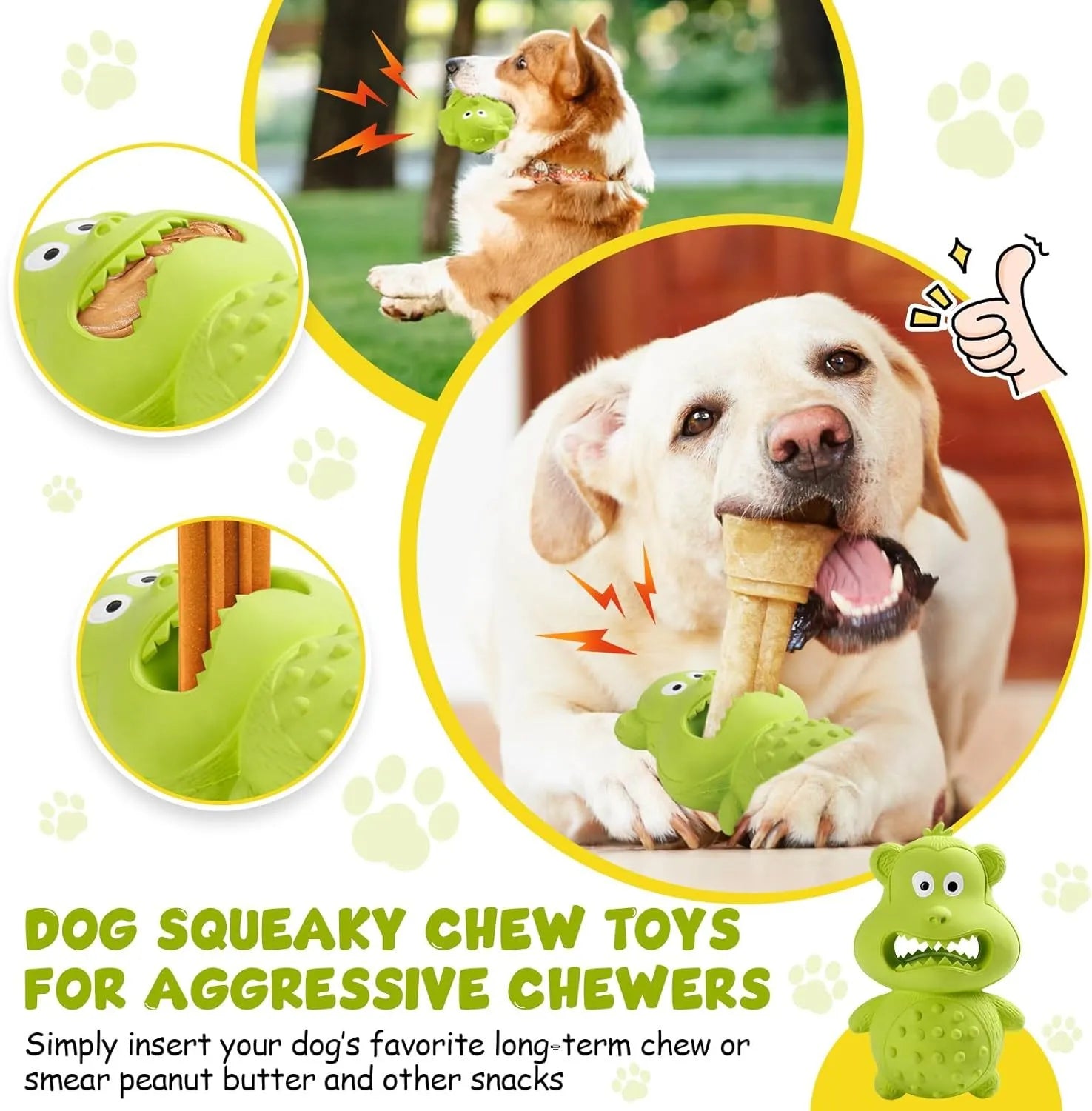 Green and yellow thick natural rubber dog chew toy for aggressive chewers with squeaker.