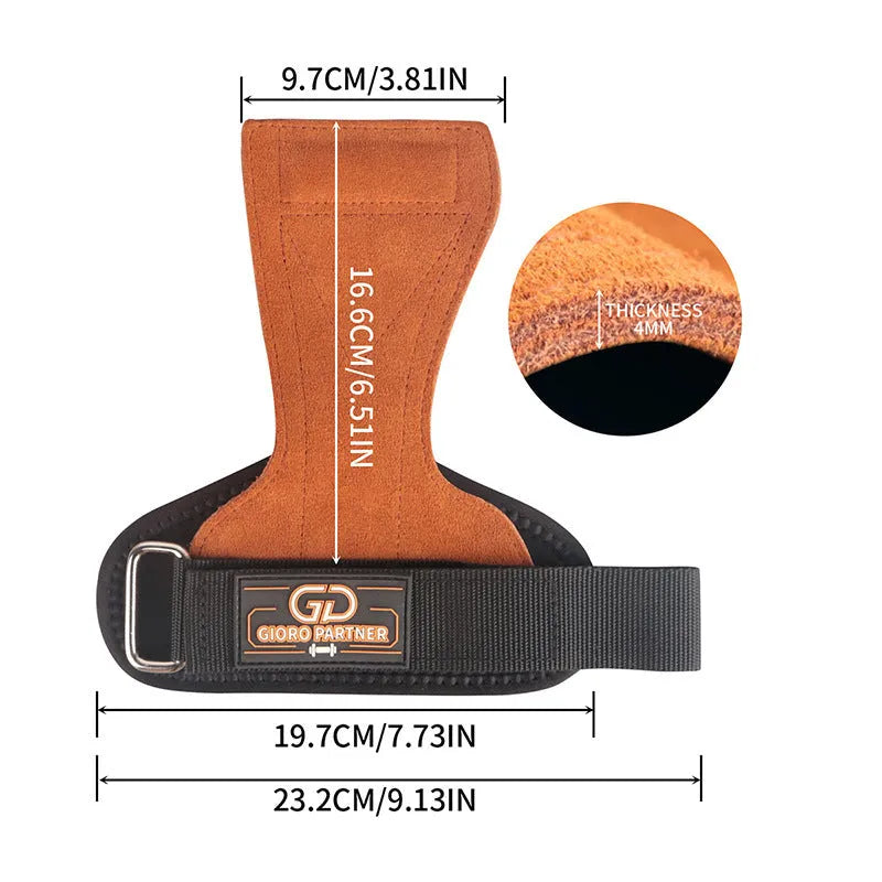 Pair of brown-red cowhide palm protectors for weightlifting and deadlifts