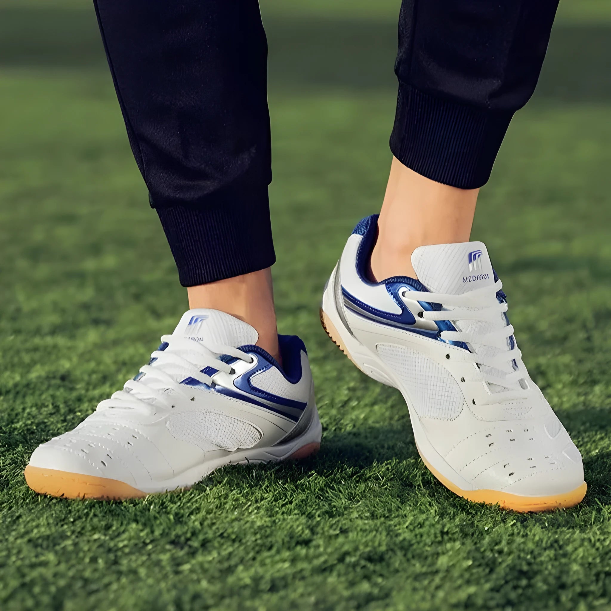 White and blue unisex table tennis training sneaker with lace-up front and rubber sole.