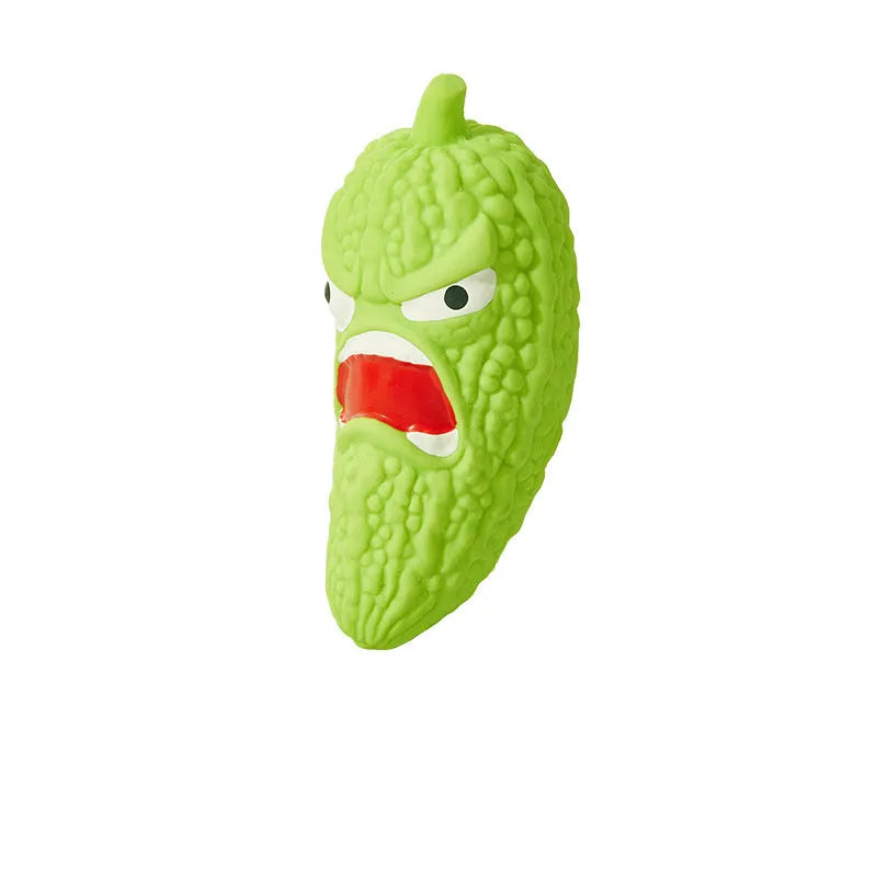 Bitter gourd and chilli shaped dog chew toys with textured surfaces for grinding teeth.