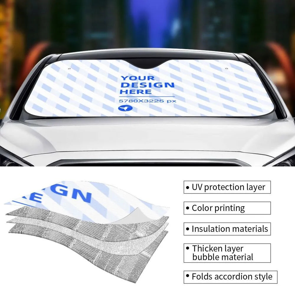Stiff black heat insulation car windshield sunshade with polyester and bubble aluminium film attached via suction cups