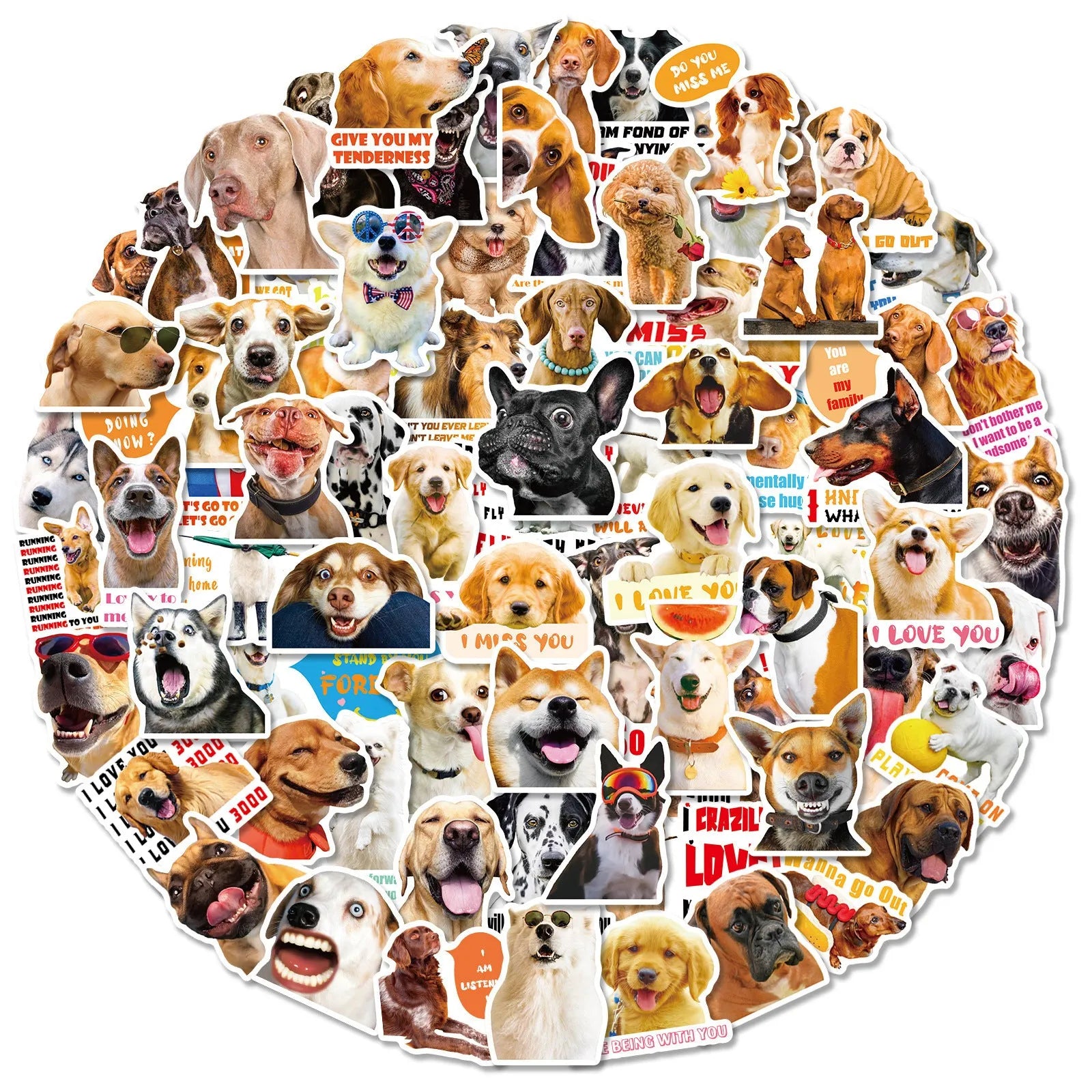 Pack of 100 realistic dog facial expression stickers in Nordic style for craft projects