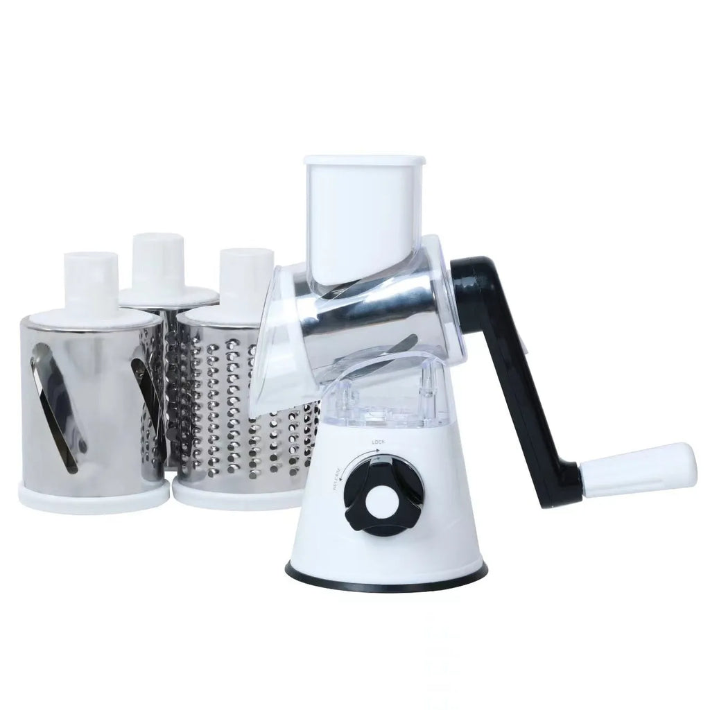 Multifunction food processor and vegetable chopper gadget in kitchen with suction cup base.