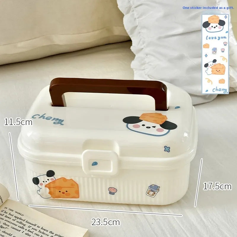 Double-layer plastic storage box with handle showing capacity and included size stickers
