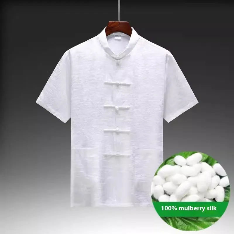 Traditional Chinese-style mulberry silk Tang suit for men in light green.