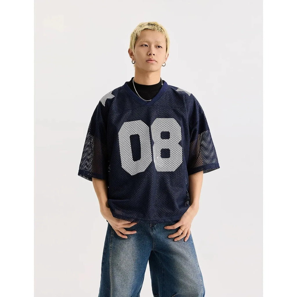 Black half sleeve shirt with white letter pattern, loose fit pullover style for men and women