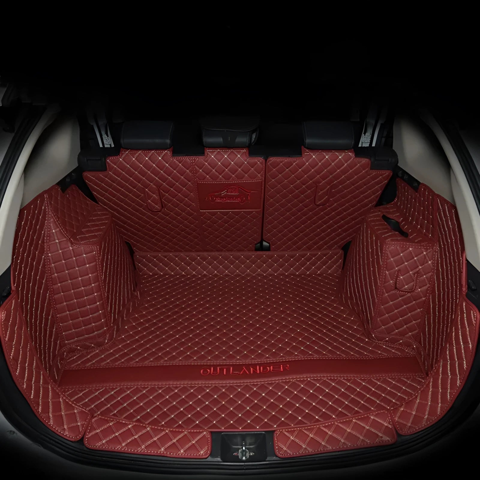 Custom 3D boot liner mat for Mitsubishi Outlander, shown in a black and beige colour combination.