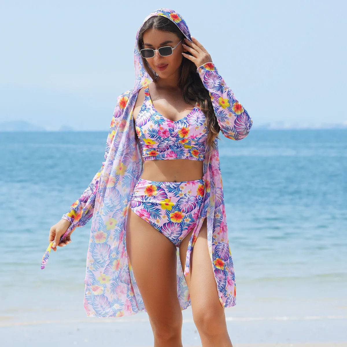 Multicolor printed bikini three piece swimsuit set in polyester with top, pants, and coat
