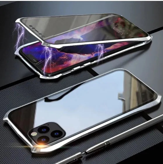 Black metal and glass magnetic protective case for iPhone 11, shown alongside red, blue, and silver colour options.