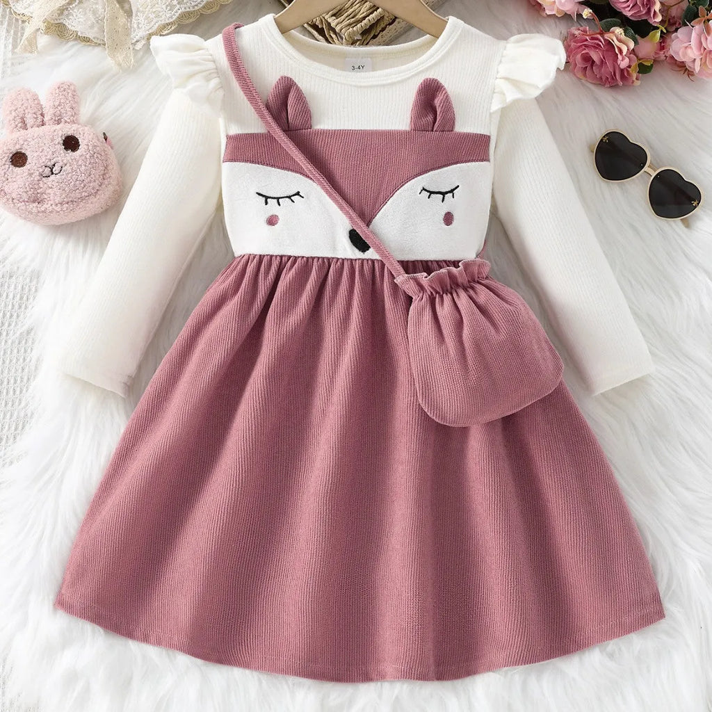 Long sleeve slim fit shy fox cartoon dress in pink and white corduroy for girls