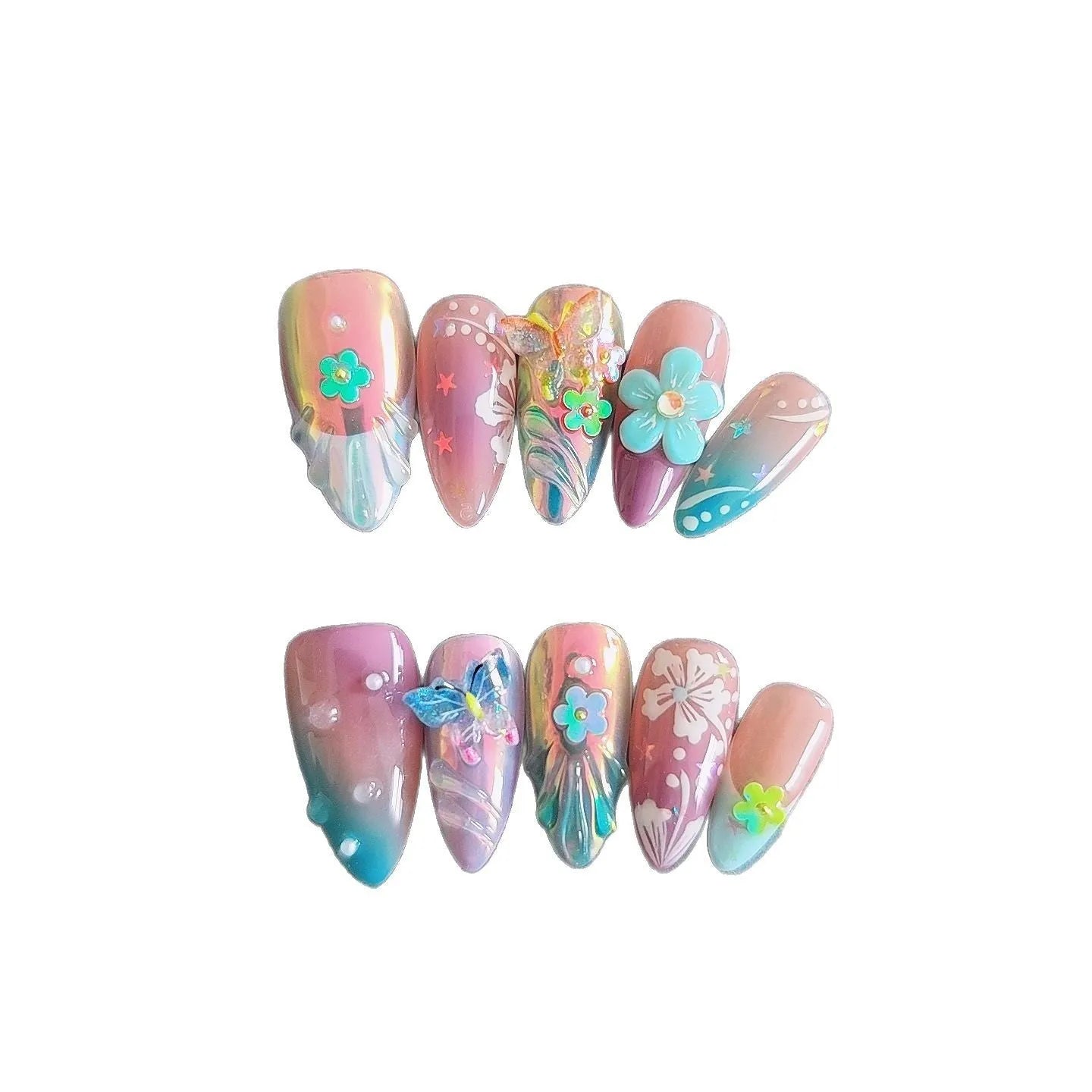 Handmade small flower and butterfly nail art charms in assorted sizes for gel manicure decoration.