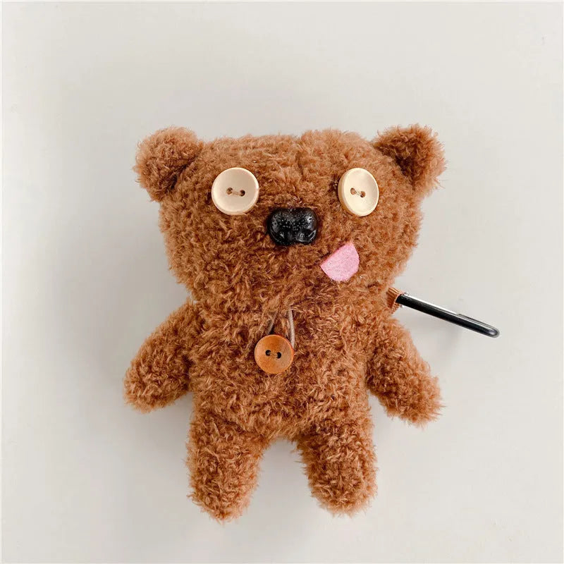 Brown plush button tongue bear earphone case for AirPods and FreeBuds, flip type design