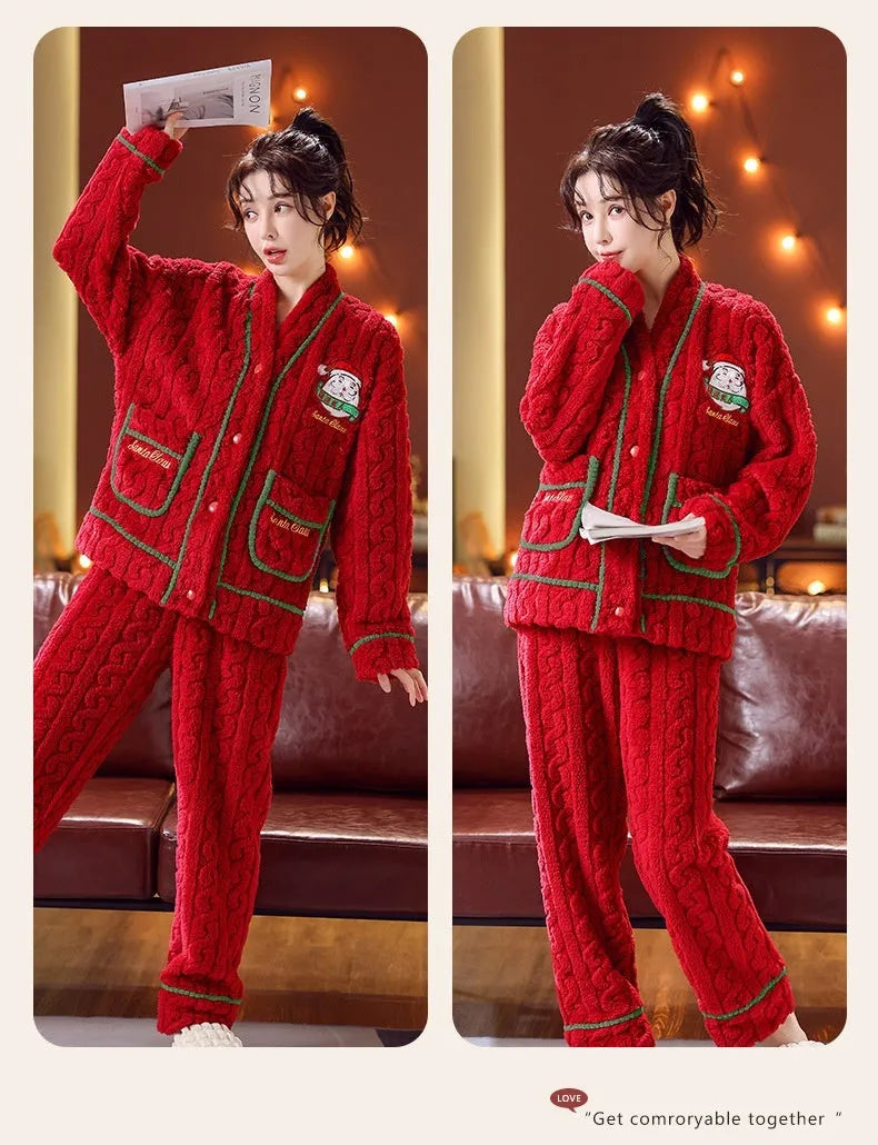Winter women's flannel homewear leisure set in red Christmas print with top and pants