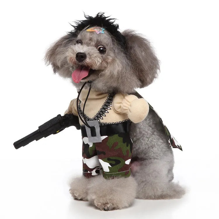 Three-piece dog costume in polyester fabric, standing outfit with hat, clothes and cloak, size S to XL