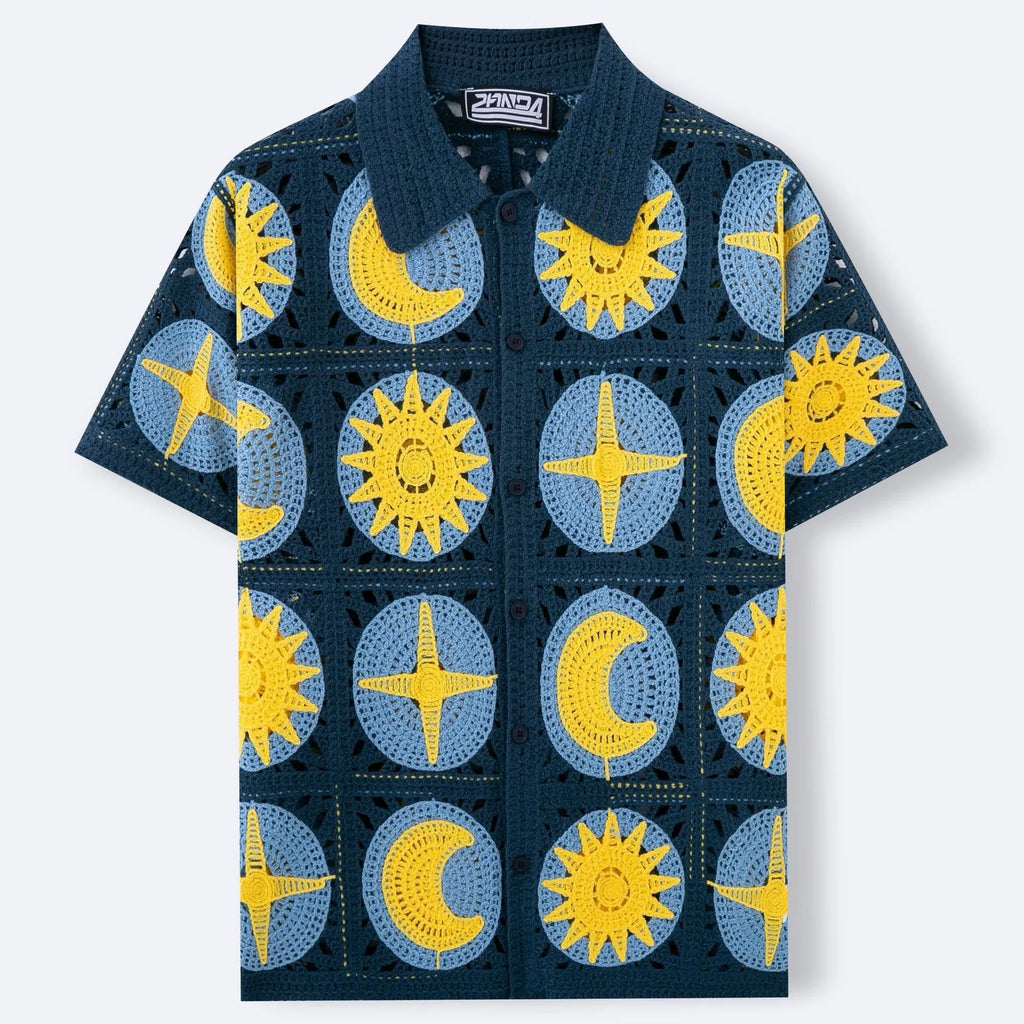 Men's navy blue short-sleeved cardigan with cartoon flocking pattern