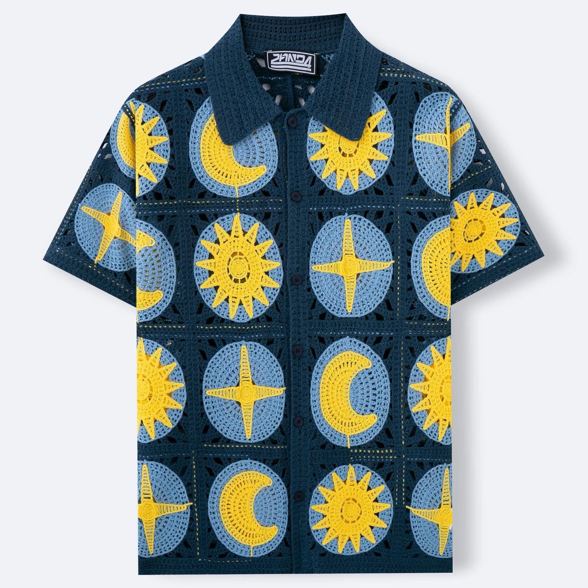 Men's navy blue short-sleeved cardigan with cartoon flocking pattern