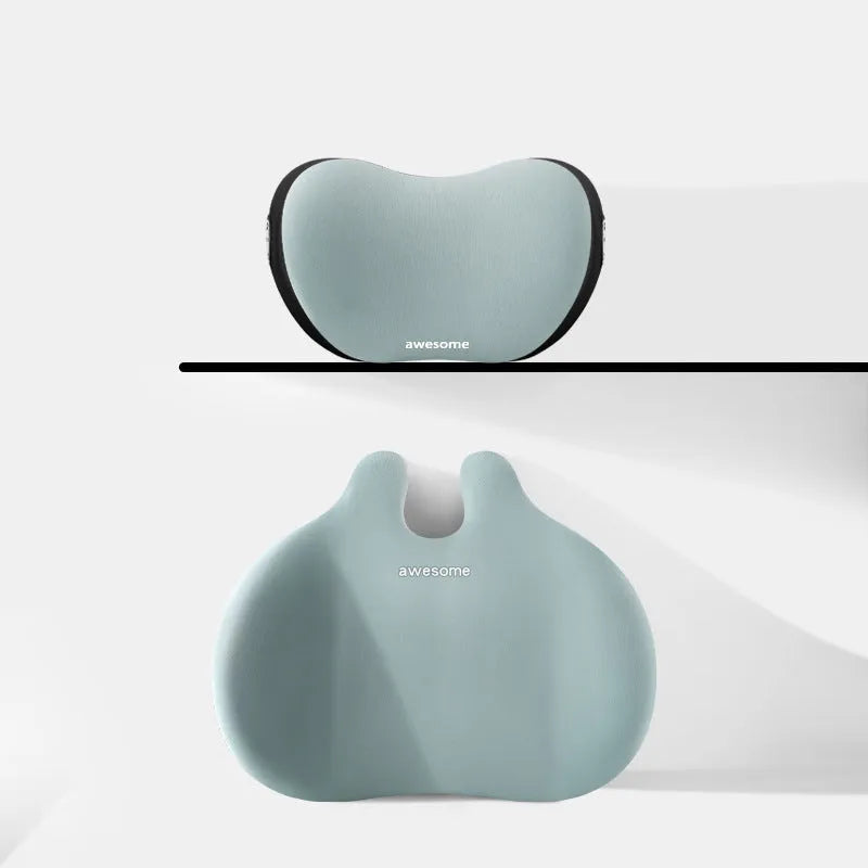 Car headrest and lumbar support pillow set in cloth material, shown in available colours.