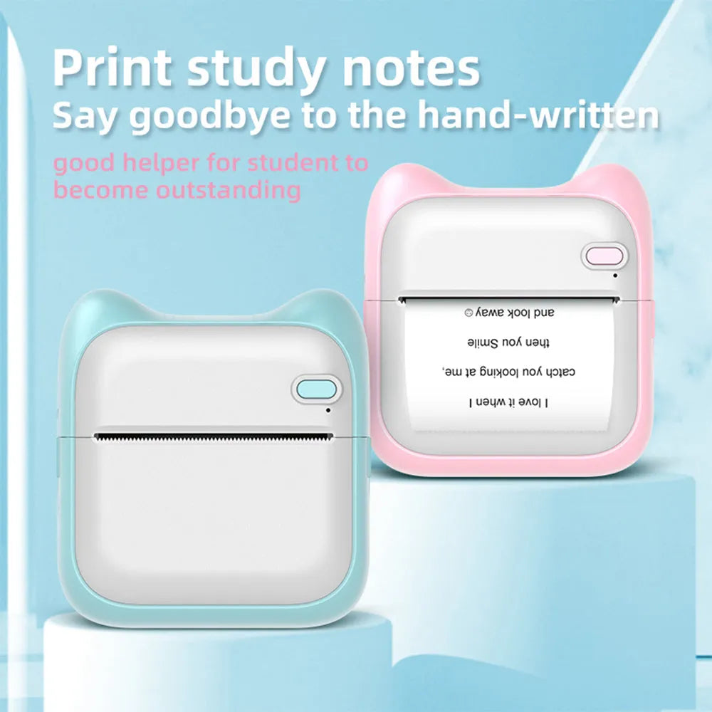 Pink mini pocket Bluetooth thermal printer measuring 90x45x82mm with USB charging cable