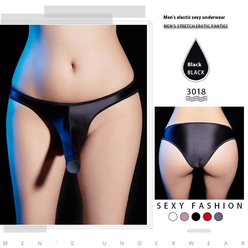 Men's shiny black nylon low-waist T-back underwear laid flat.