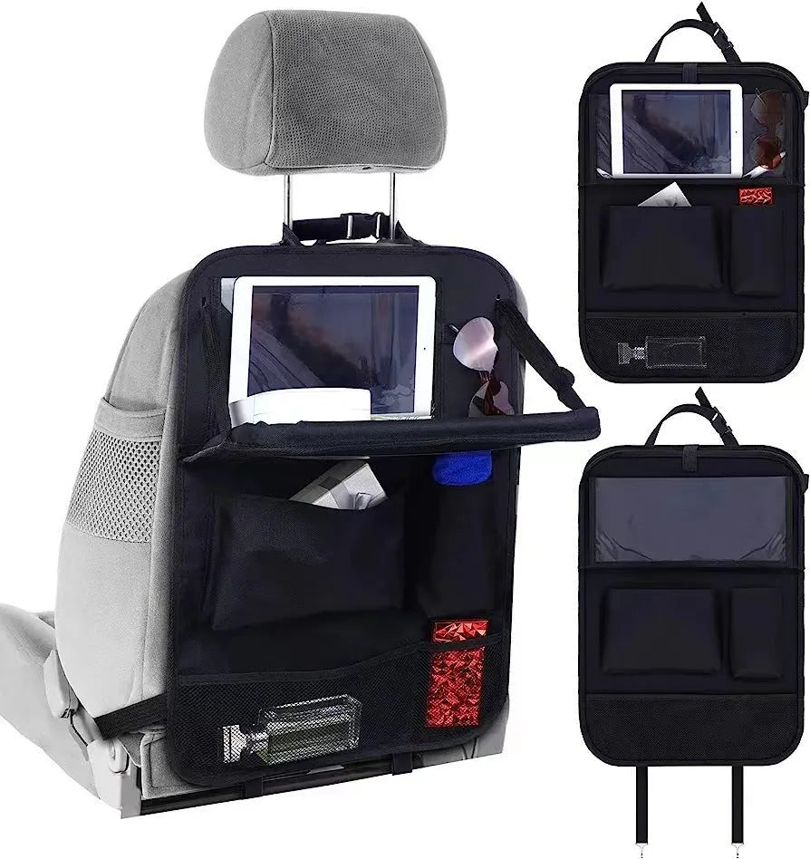 Black Oxford cloth car seat back buggy bag with hanging storage organiser measuring 42x30cm