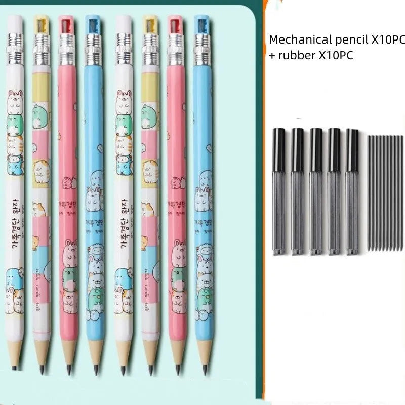 Set of colourful cartoon-style children's mechanical pencils with 2.0mm leads and separate rubber erasers.