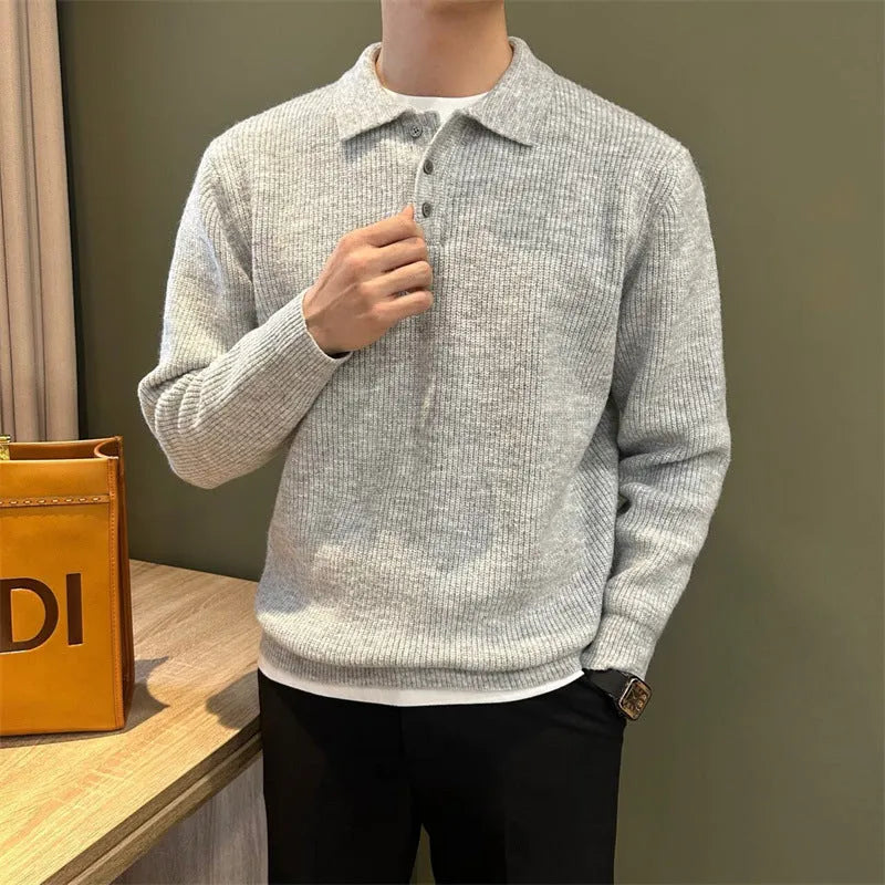 Men's loose fit lapel knitwear sweater in apricot, long sleeves, polyester fibre