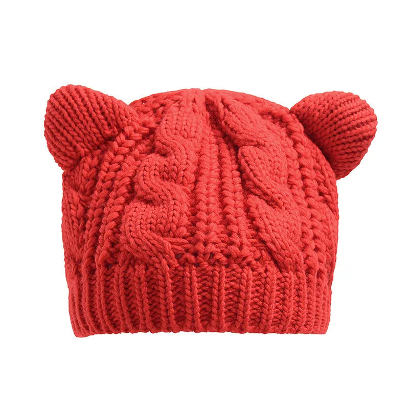 Handmade wool knitted beanie with 3D cat ears in multiple colour options