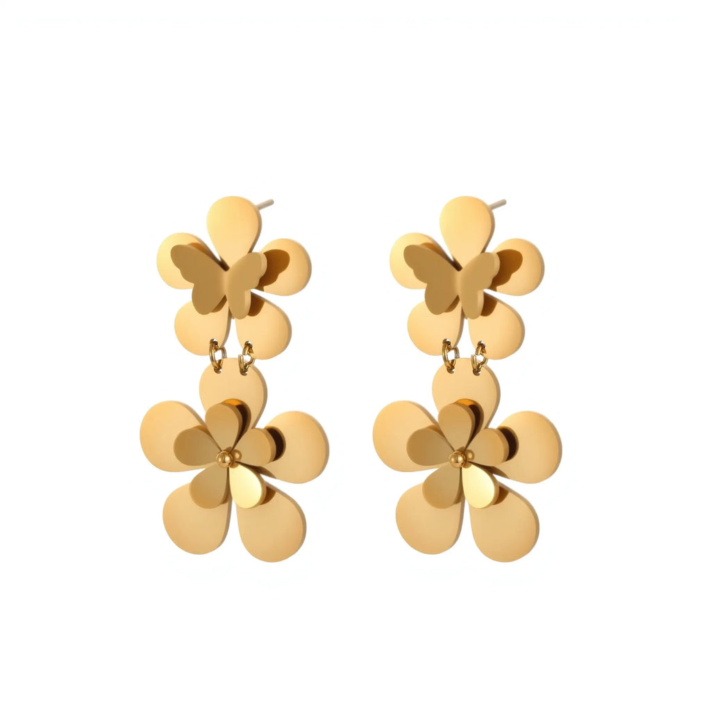 Women's floral butterfly stainless steel earrings with 18K gold electroplated finish