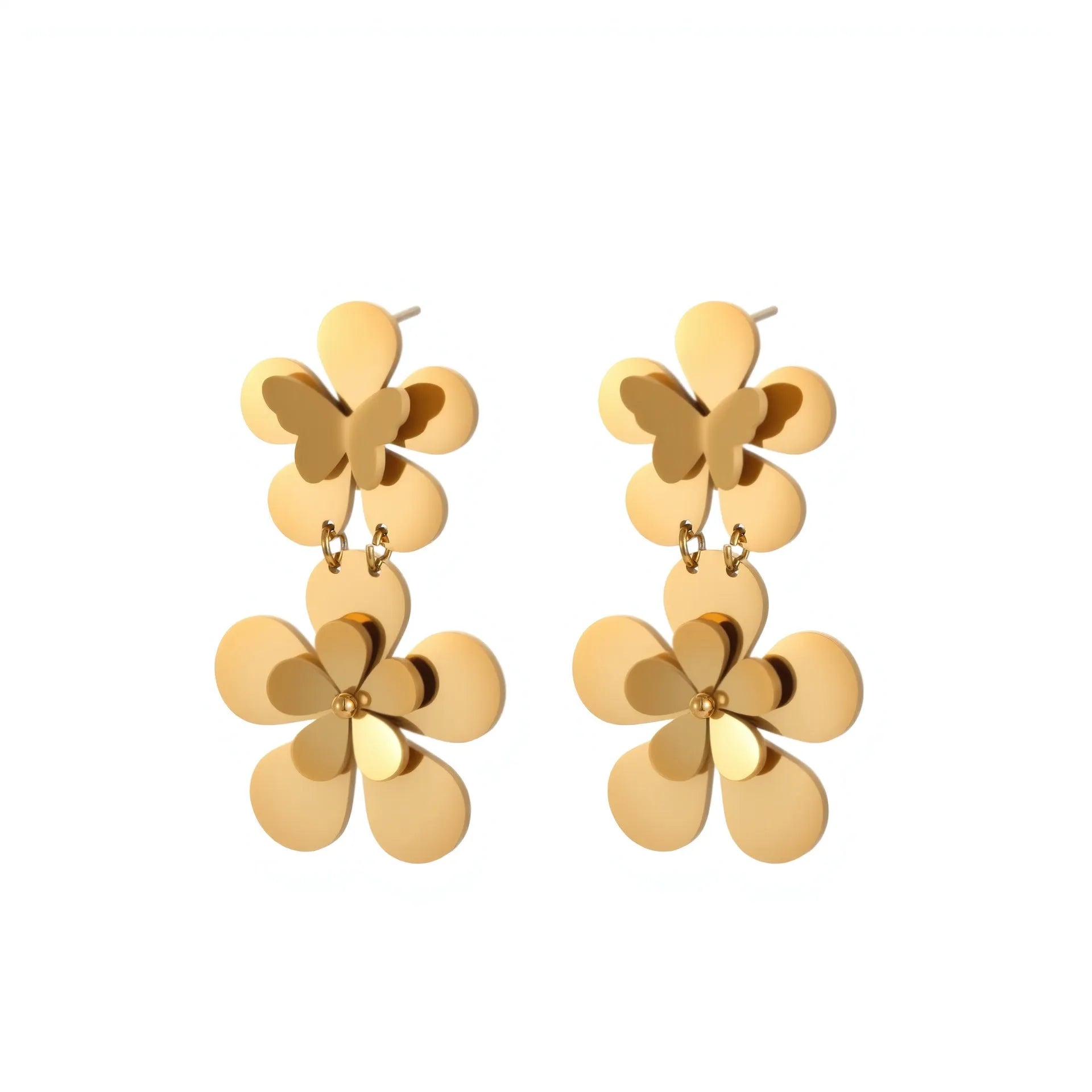 Women's floral butterfly stainless steel earrings with 18K gold electroplated finish