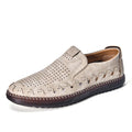 Men's brown slip-on casual shoes with round toe and hollowed-out pattern detailing