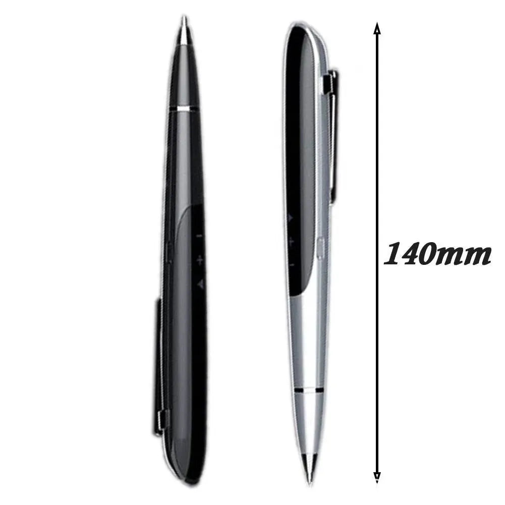Black and silver lossless recording pen with OLED display screen on a white background