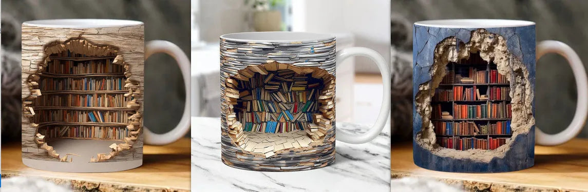 3D Bookshelf Mug creative ceramic water cup with handle showing library shelf design