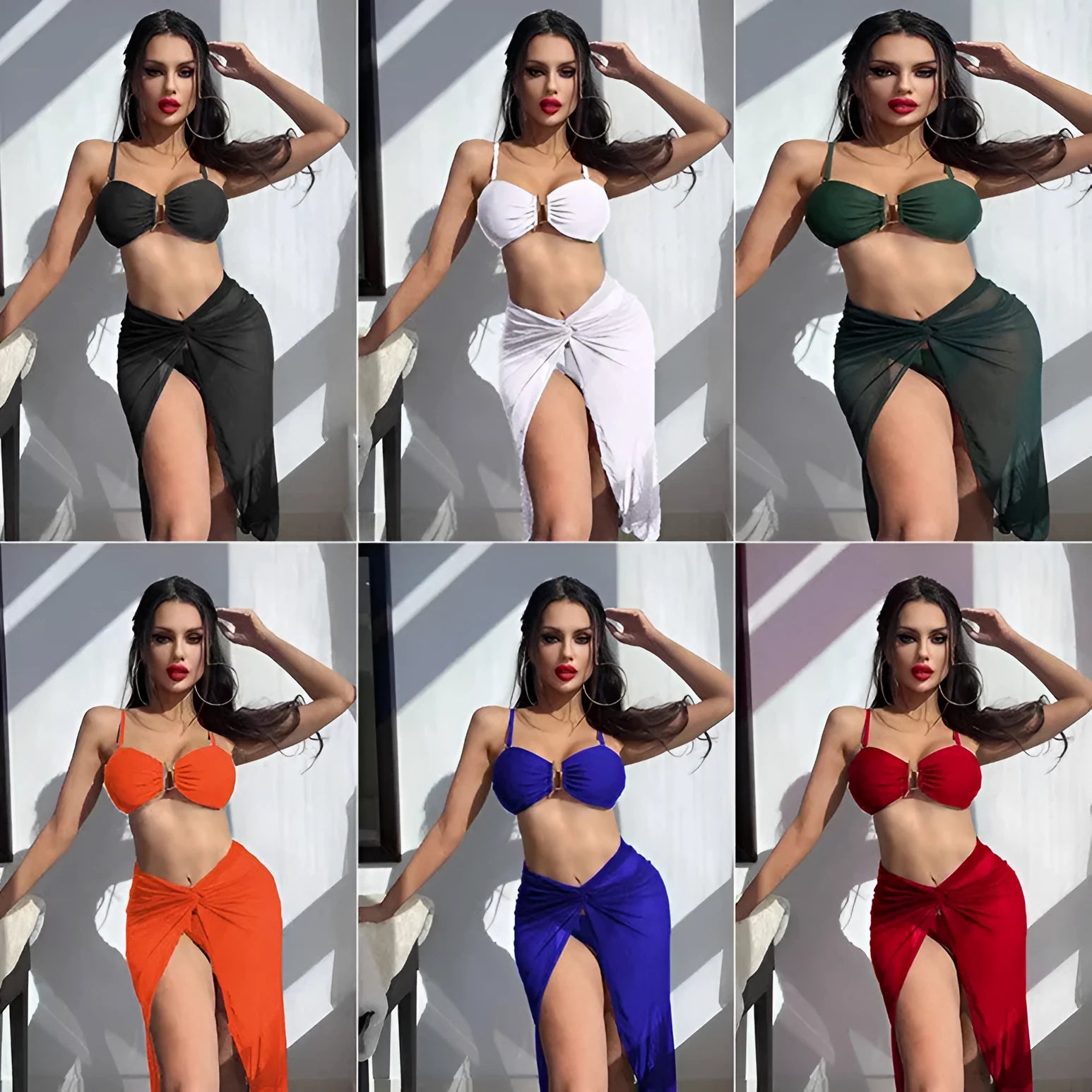Women's three-piece bikini set with long culotte skirt in multiple solid colours