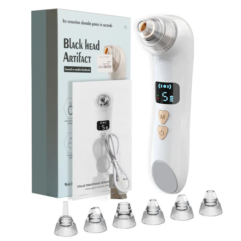 Green and white handheld heating blackhead instrument with USB charging port and suction nozzle