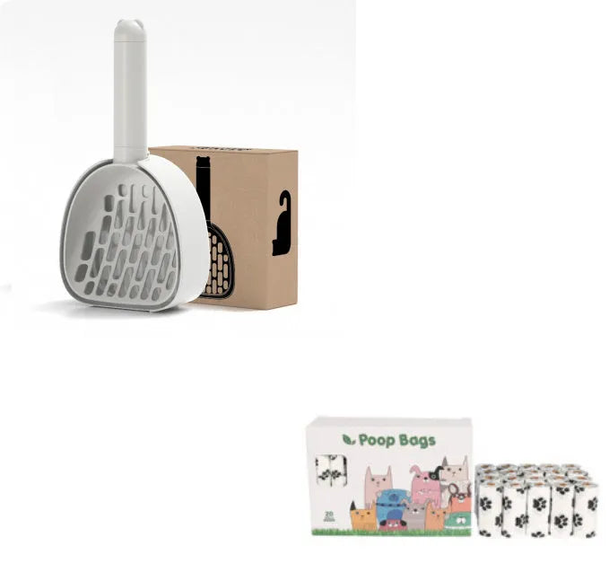 White ABS plastic cat litter scoop with storage base and hidden waste bag compartment