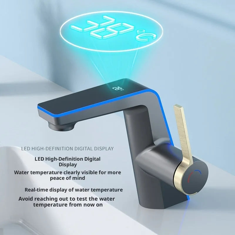 Digital display basin faucet with ambience light in gun gray finish with 80cm inlet pipe on a modern bathroom sink