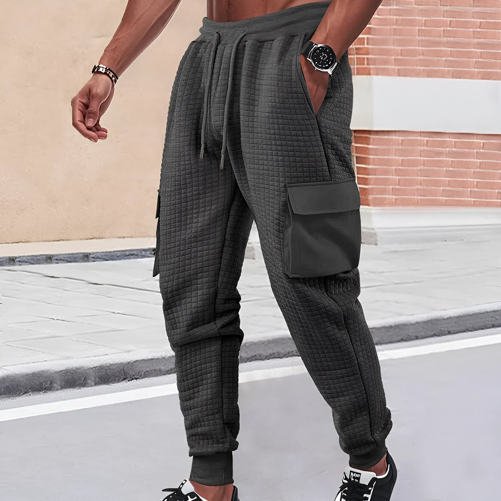 Men's thickened jacquard small check sweatpants with drawstring waist and belt, loose cargo style