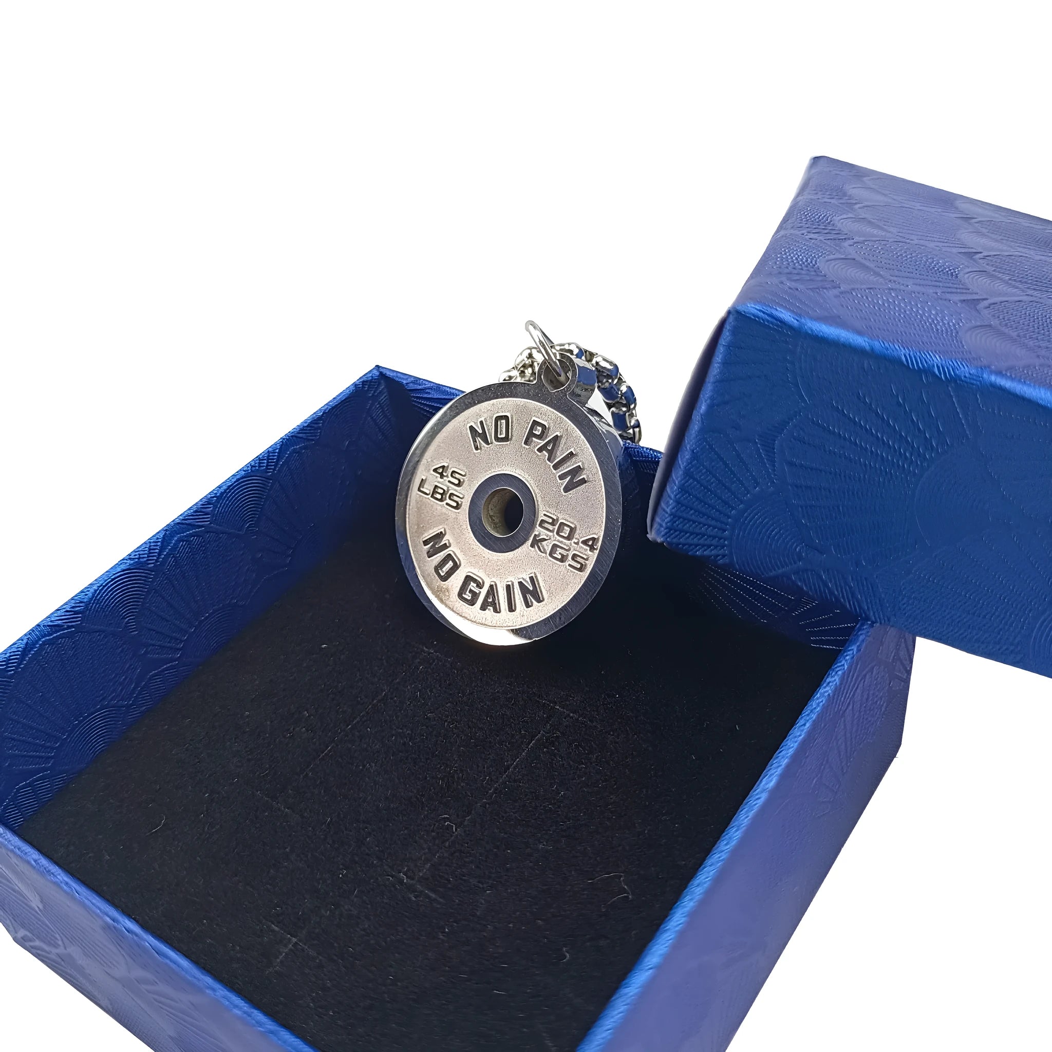 Polished stainless steel barbell disk pendant necklace on a choice of pearl, gold, or black 60cm chain.