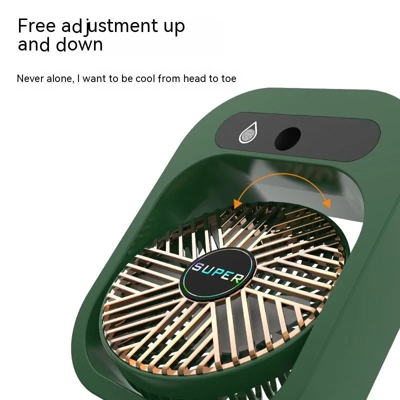 Green USB rechargeable misting fan with 3 speed settings and adjustable head on a desk