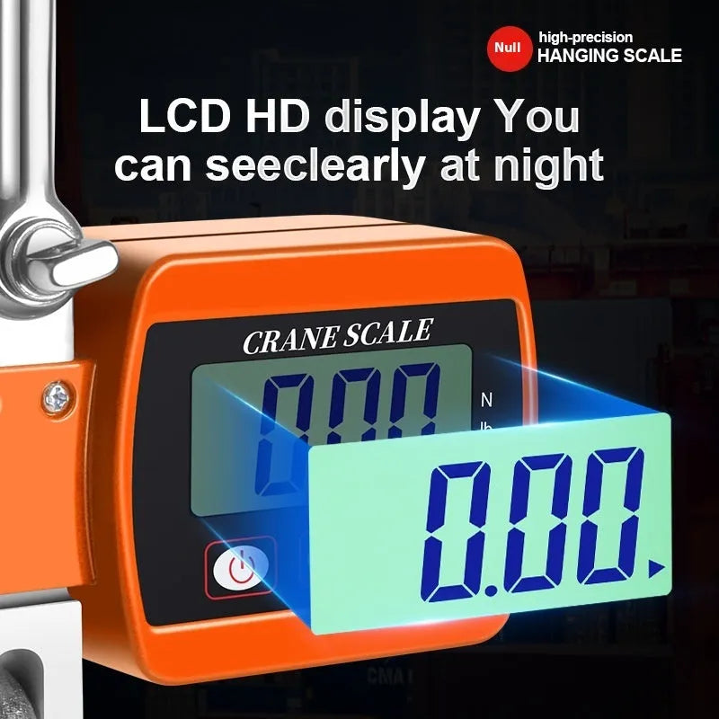 Electronic digital hook scale in orange, blue, or white showing digital display and metal hook.