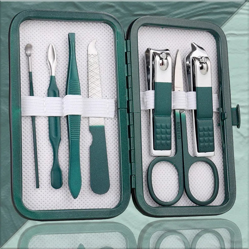 Emerald green nail clippers set in storage case with stainless steel and carbon steel manicure and pedicure tools
