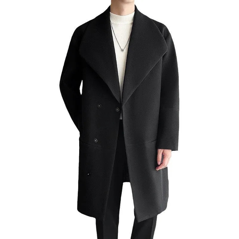 Men's cotton-padded mid-length woolen coat in black with size stick pockets