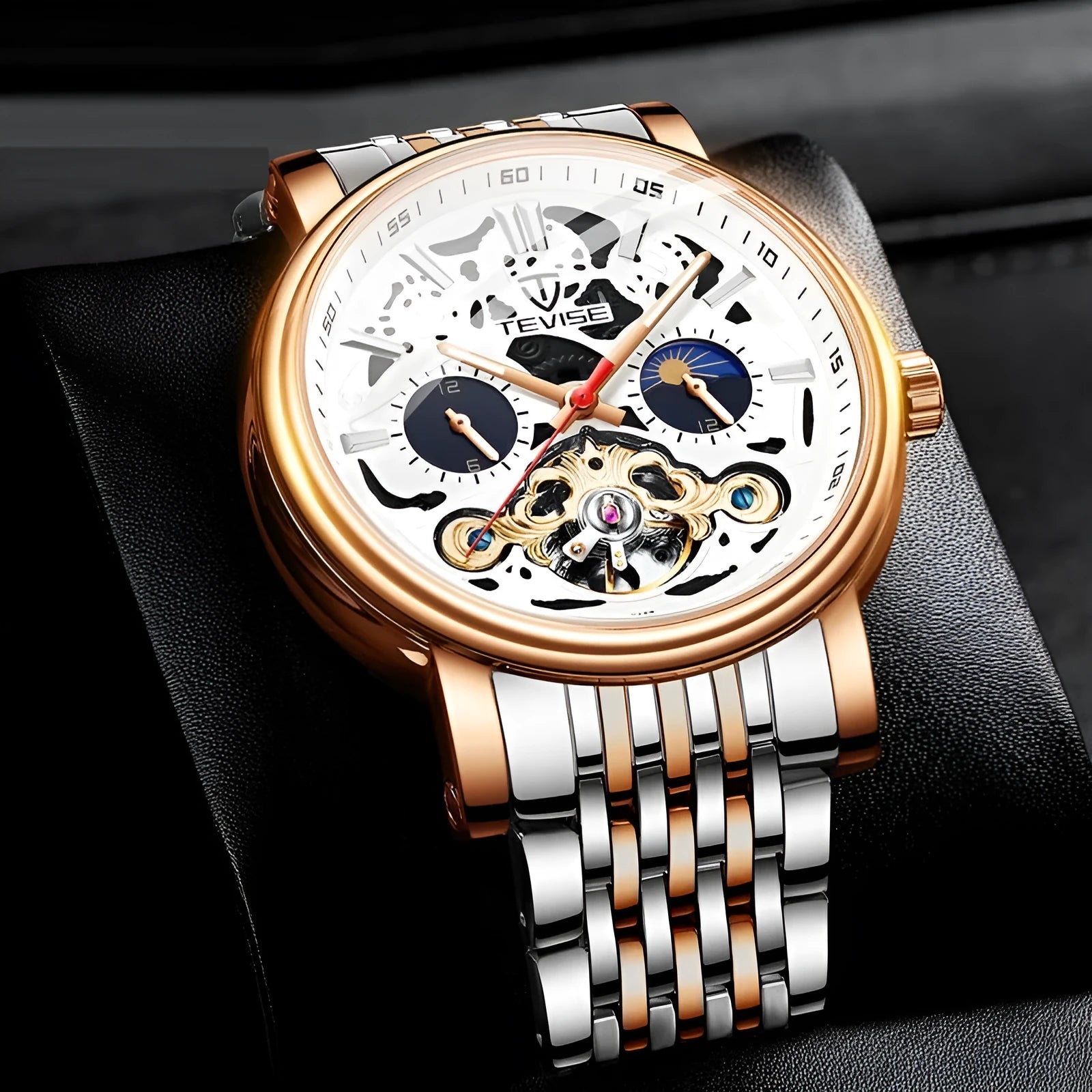 Men's tourbillon mechanical watch with luminous hands on a black leather strap